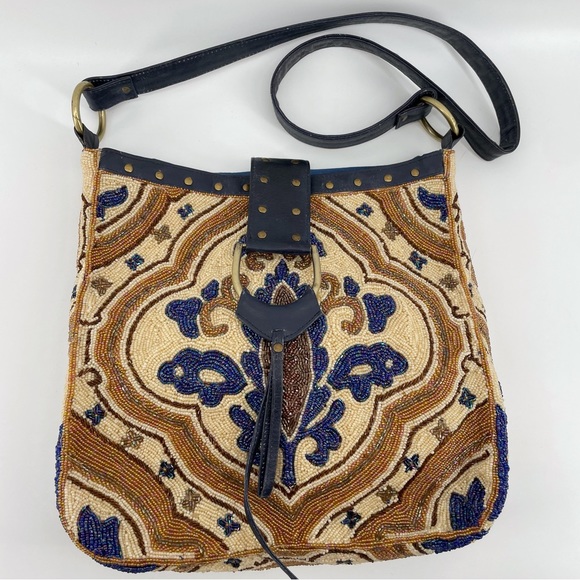 Christiana NWT Ivory/Blue Unique Bohemian Beaded Tapestry Shoulder Bag - Picture 1 of 12
